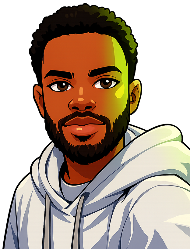 A cartoon-style portrait of a man wearing a white hoodie, shown from the chest up, with clean line art, smooth shading, and a soft green light highlighting one side of his face against a neutral background.